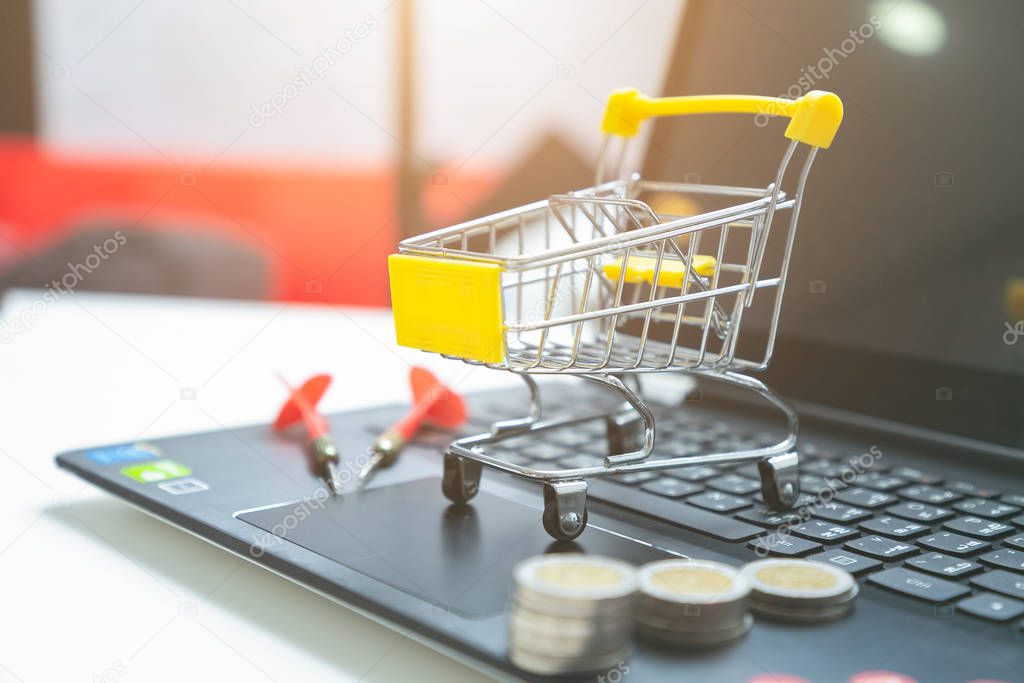 Shopping cart using as e-commerce, online shopping and business marketing concept.