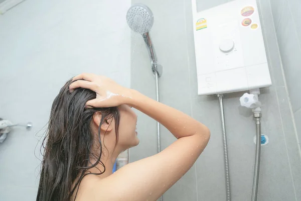 Asian Women Portrait Happy Girl Taking Shower Gel — Stock Photo, Image