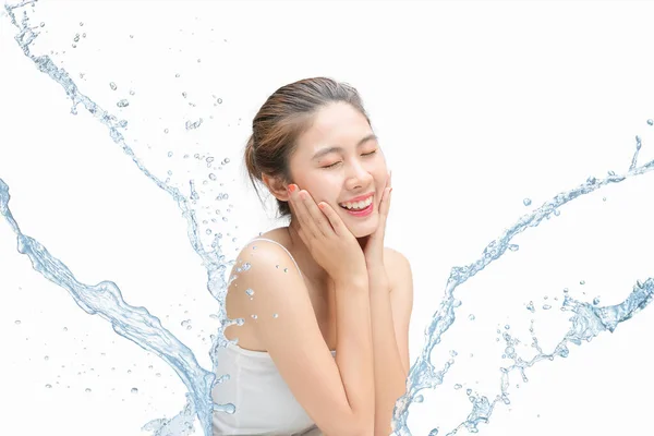 Asian Beautiful Model Beautiful Smiling Girl Splash Water Fresh Skin — Stock Photo, Image