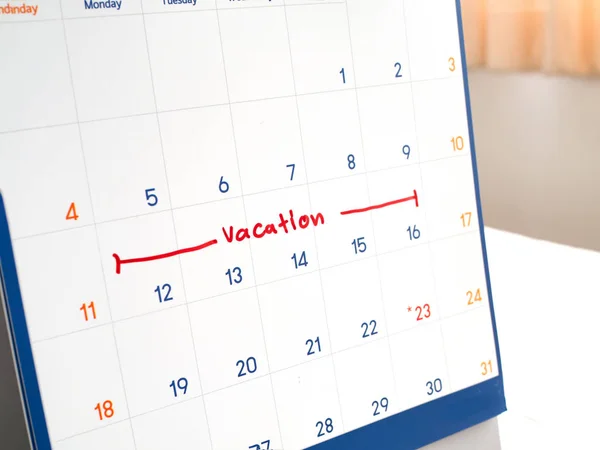 Vacanza Rossa Scrivere Sul Calendario Bianco Segnato Ricordare Tempo Destinazione — Foto Stock