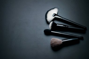 Üstten Görünüm. Makyaj fırçaları siyah arka plan üzerine ayarla