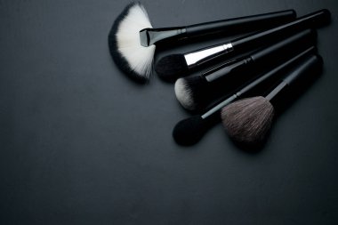 Üstten Görünüm. Makyaj fırçaları siyah arka plan üzerine ayarla