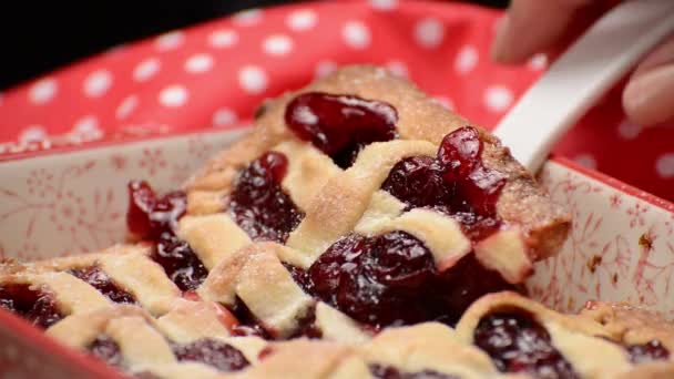 Eine Weibliche Hand Zieht Ein Stück Hausgemachte Kirschtorte Hervor — Stockvideo