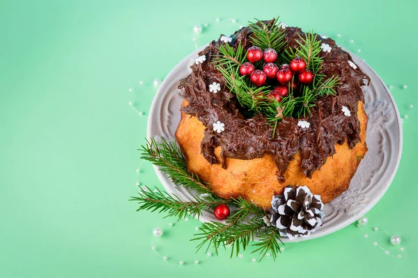 Yeşil bir arka plan üzerinde Noel için ev yapımı meyveli kek