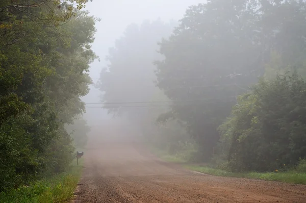 Az ország közúti reggel köd — Stock Fotó