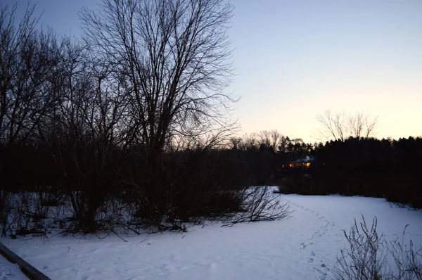 Um centro de natureza ao pôr do sol durante o inverno — Fotografia de Stock