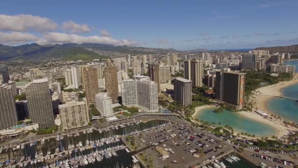 Антена Kahanamoku пляжу Вайкікі Гаваї Bay — стокове відео