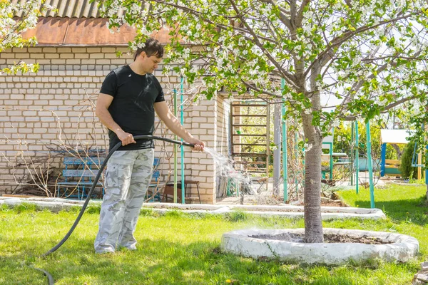 El hombre regando los árboles frutales con una manguera en un sitio del país — Foto de Stock