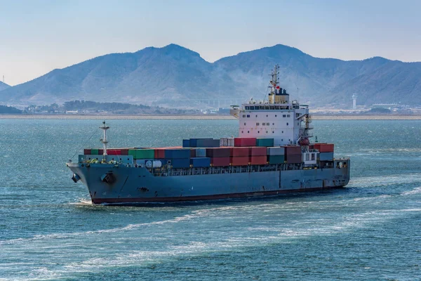 Container Vessel Passes Underway Gwangyang Bay Shore Sunny Day — Stock Photo, Image