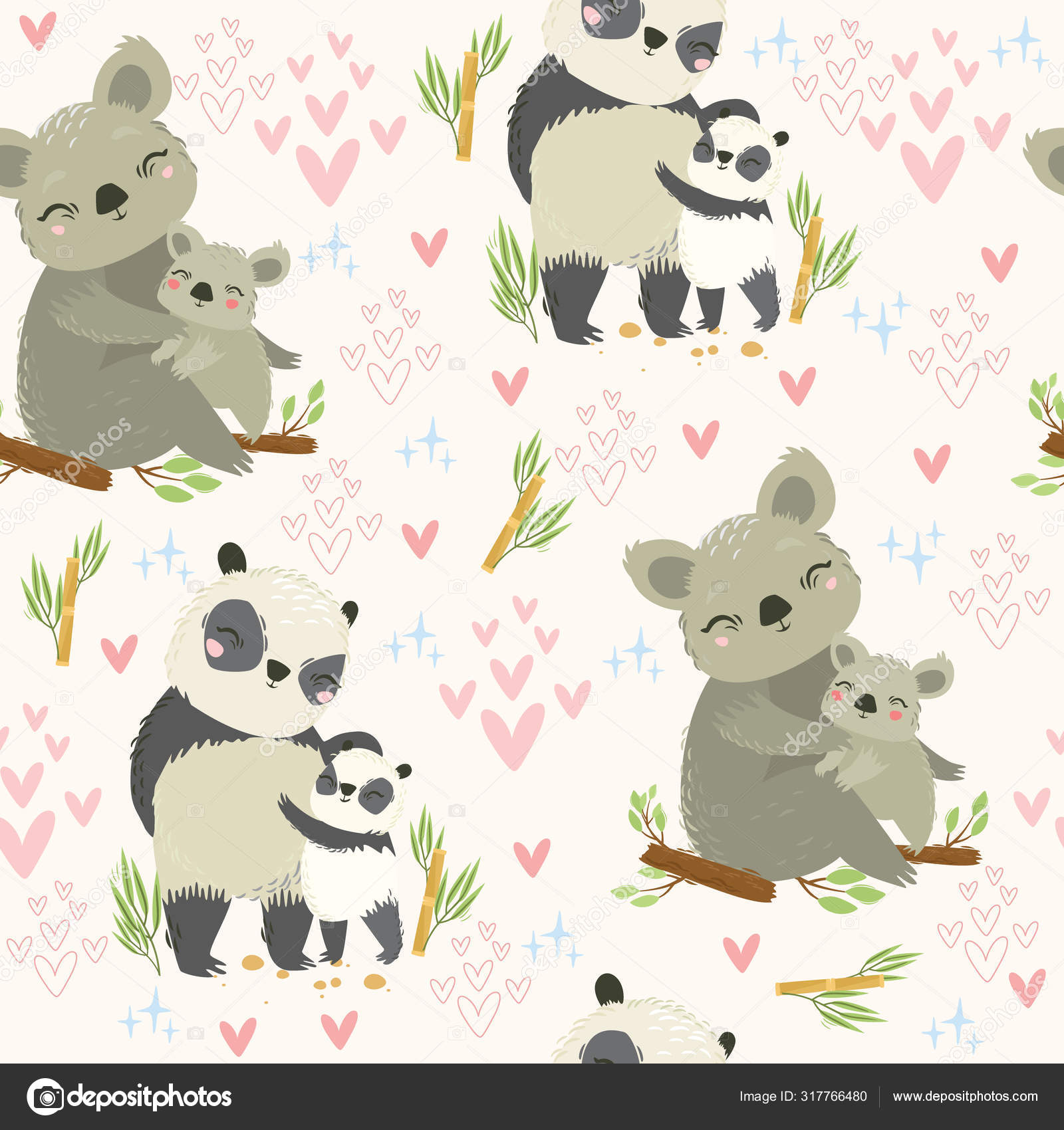Patron Sin Costura Vectorial Con Mama Bebe Familia Koalas Pandas Vector De Stock C Lesyaskripak