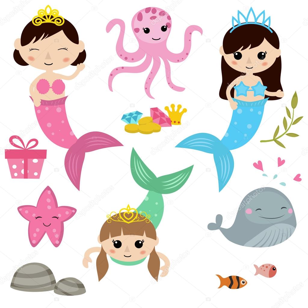 Set of cute girl mermaids