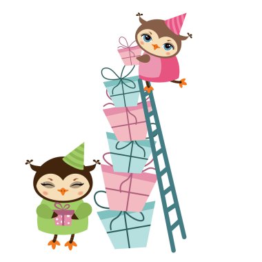 Doğum günü baykuş ve hediye illüstrasyon.