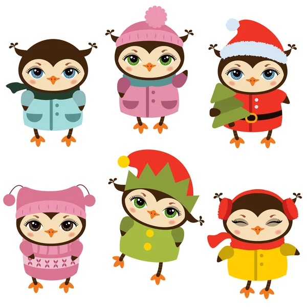 Set of Christmas Owls. — Stock Vector