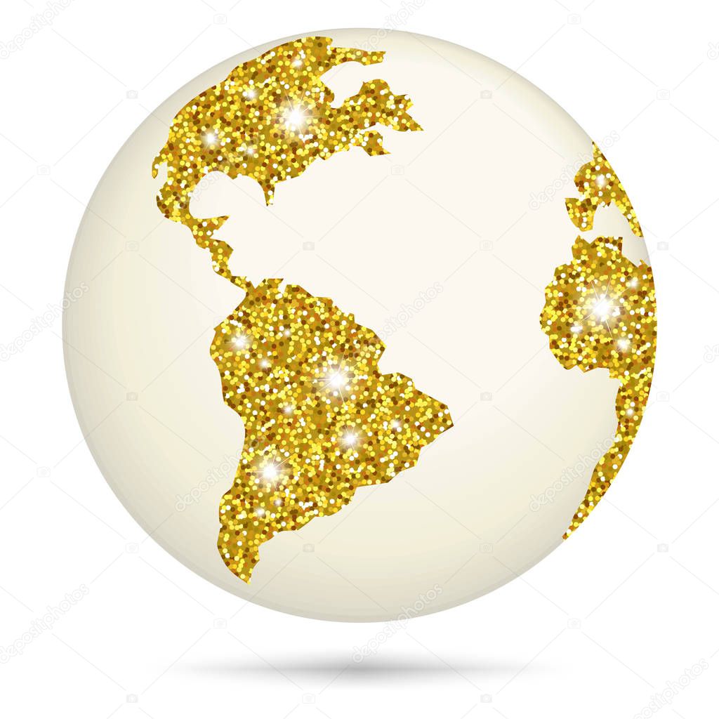 Planet earth with gold glitter on white background.
