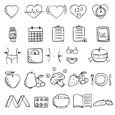 Elle çizilmiş diyet simgeler kümesi kümesi.