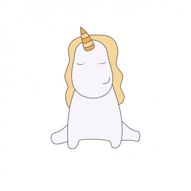 Tek boynuzlu at beyaz arka plan üzerinde oturan.