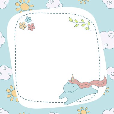 Çizgi film tek boynuzlu at ile tebrik kartı.