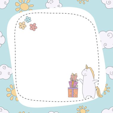 Çizgi film tek boynuzlu at ile tebrik kartı.