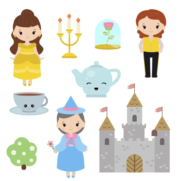 Princess theme with castle, prince, carriage Stock Vector