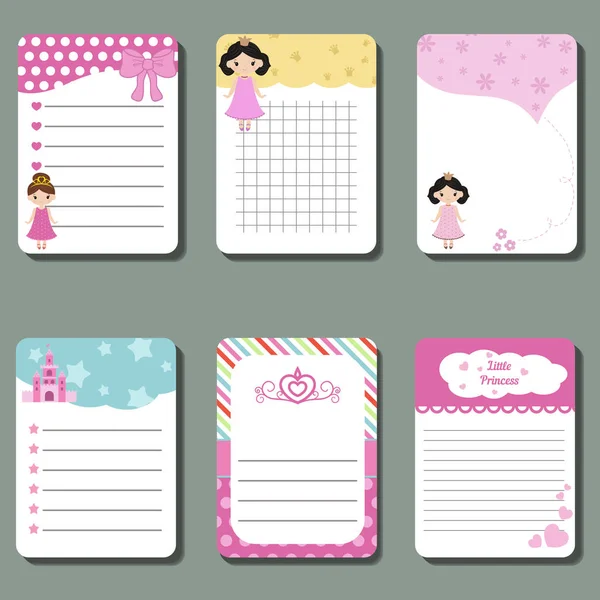 Lindas tarjetas, notas, pegatinas, etiquetas, etiquetas con diseño de tema de princesa . — Vector de stock