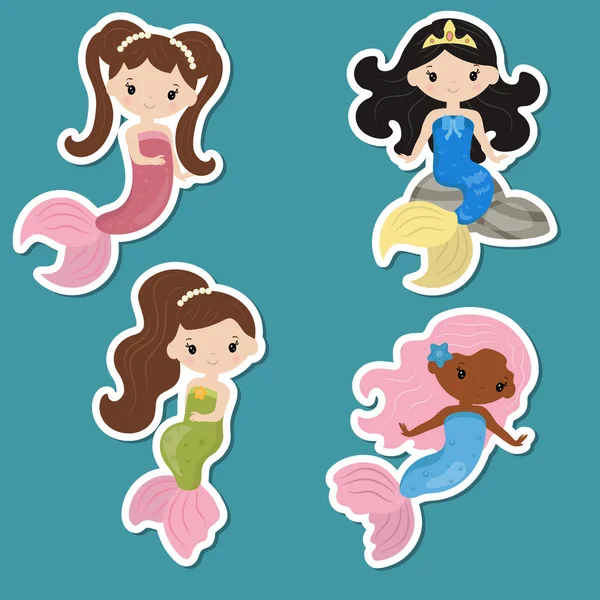 Schattig meisje zeemeerminnen stickers set — Stockvector