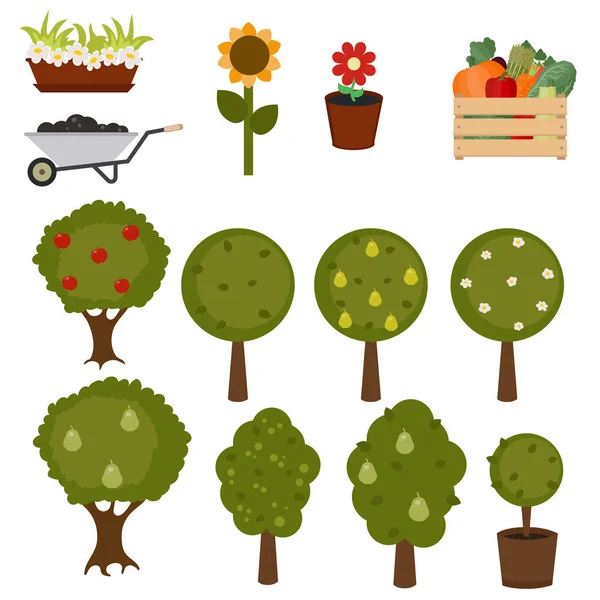 Conjunto de árboles e iconos de jardinería — Archivo Imágenes Vectoriales