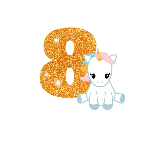 Número de aniversario de cumpleaños con unicornio lindo — Vector de stock