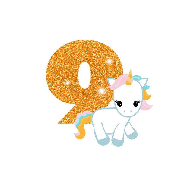 Número de aniversario de cumpleaños con unicornio lindo — Vector de stock