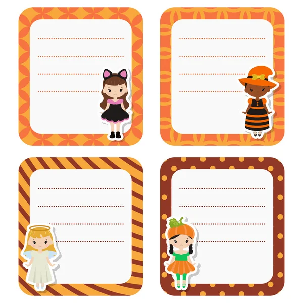 Carino carte o adesivi con i bambini dei cartoni animati in costumi colorati di Halloween . — Vettoriale Stock