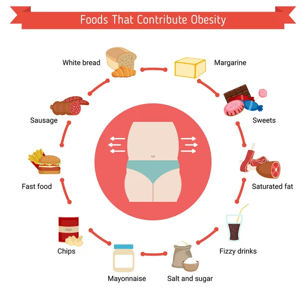 Voedingsmiddelen die aan obesitas bijdragen. — Stockvector