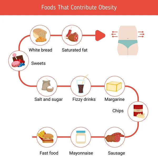 Foods that contribute to obesity. — Stock Vector