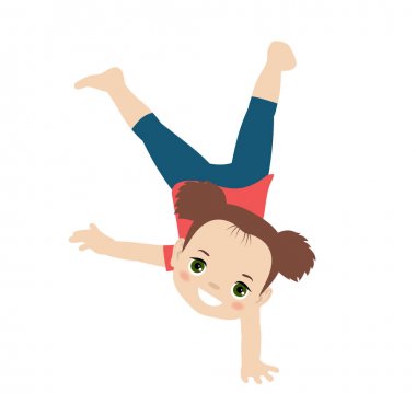 Küçük jimnastikçi, acrobat kız amut yapıyor. Karikatür tarzı illüstrasyon.