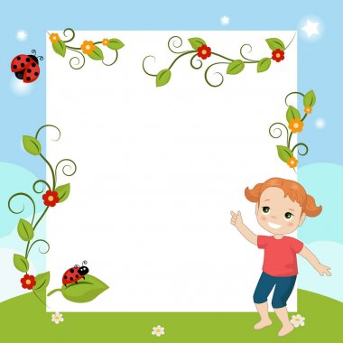 Mutlu kız büyük parça kağıt ile. Karikatür tarzı illüstrasyon.