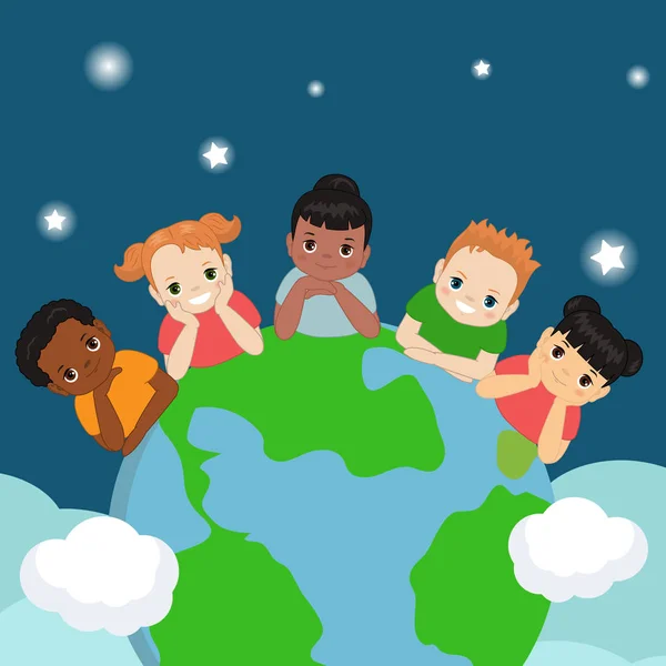 Ilustração Crianças Felizes Redor Terra — Vetor de Stock