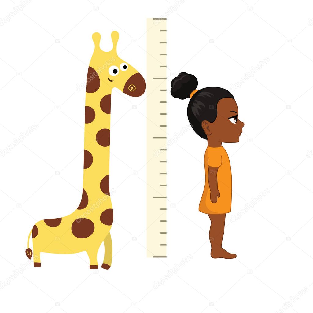 Kid measures the growth. Girl is measuring his height.