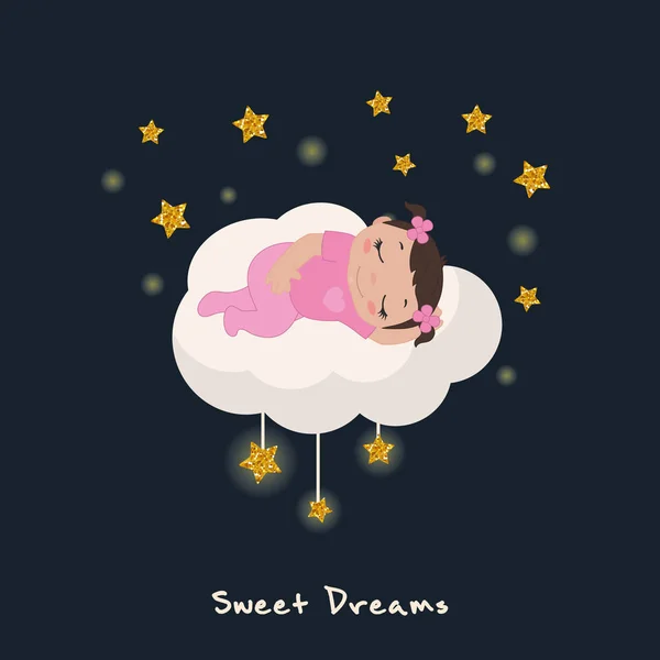 Bonito bebê menina dormindo em uma nuvem . —  Vetores de Stock