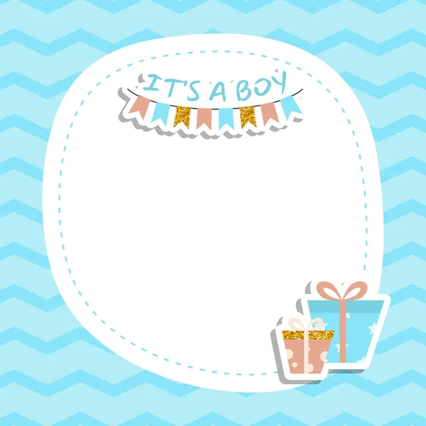 Baby boy shower invitation card with gift box present. — Stockvector