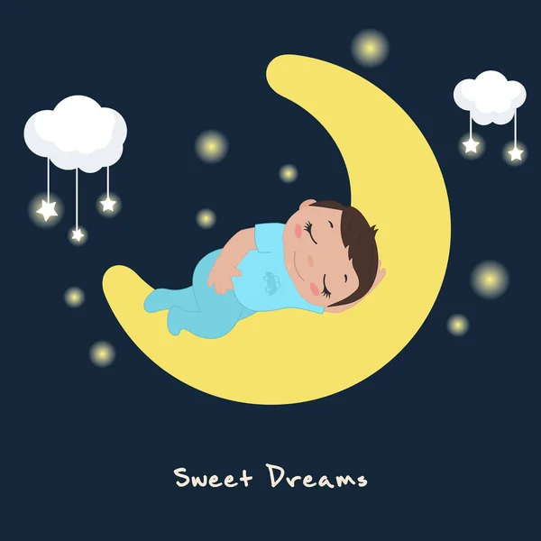 เด็กน้อยที่น่ารักนอนบนดวงจันทร์ . — ภาพเวกเตอร์สต็อก