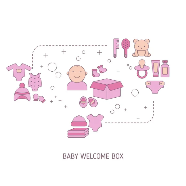 Concepto de caja de bienvenida bebé con iconos de cuidado del bebé . — Archivo Imágenes Vectoriales