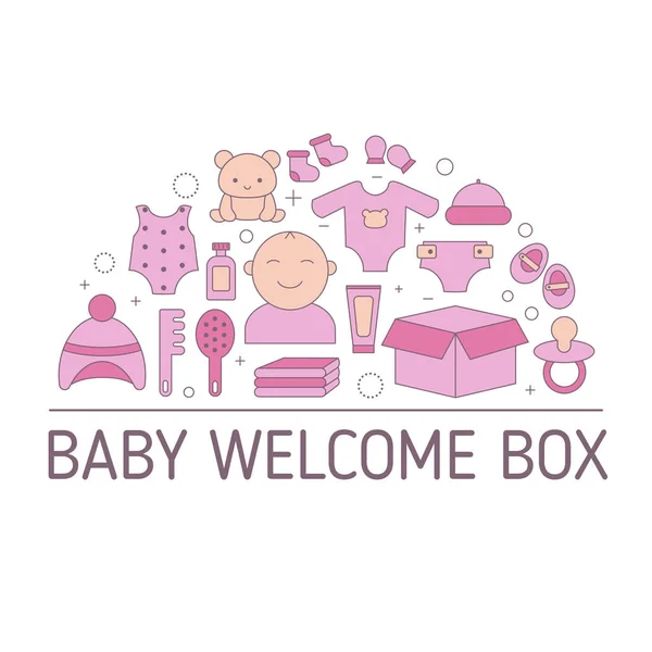 Concepto de caja de bienvenida bebé con iconos de cuidado del bebé . — Vector de stock