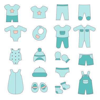 Set of cute clothes for baby boy including bodysuits, shirts, shoes. Vector illustration. clipart
