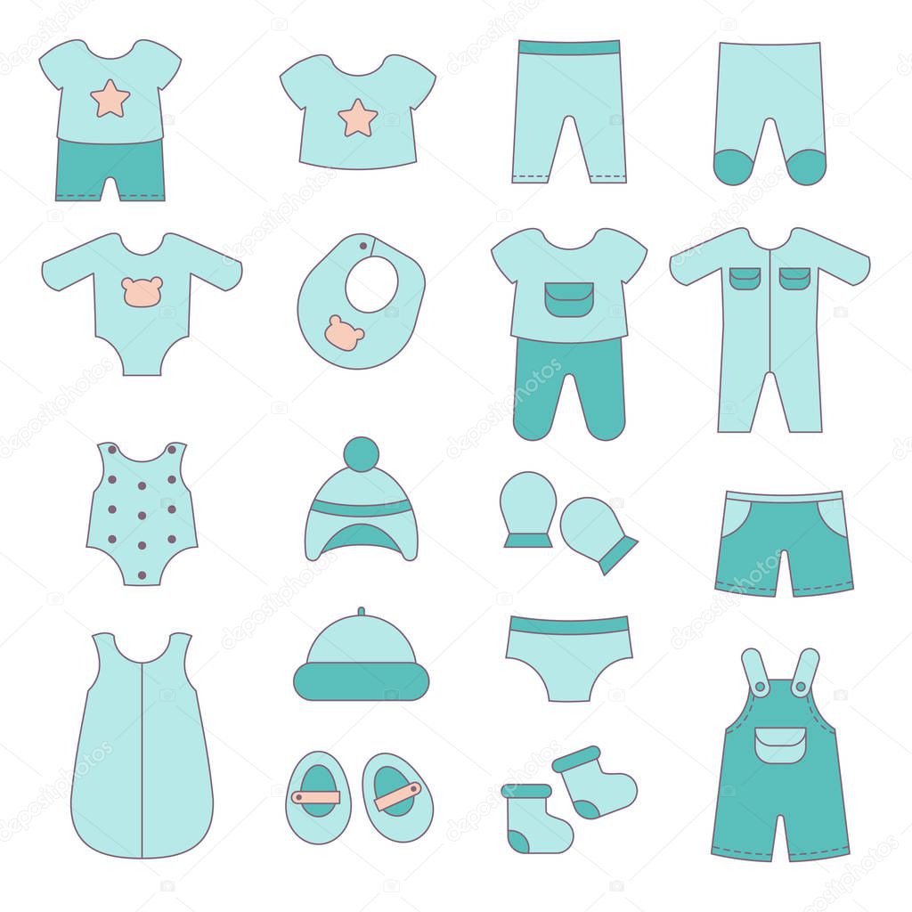 Set of cute clothes for baby boy including bodysuits, shirts, shoes. Vector illustration.