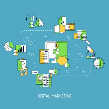Dijital pazarlama ve dijital teknoloji kavramı. Vektör illüstrasyonu.