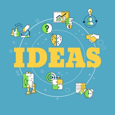 İş ve finans simgeleri ile yaratıcı fikir ve yenilik kavramı. Vektör çizimi.