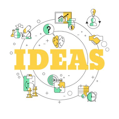 İş ve finans simgeleri ile yaratıcı fikir ve yenilik kavramı. Vektör çizimi.