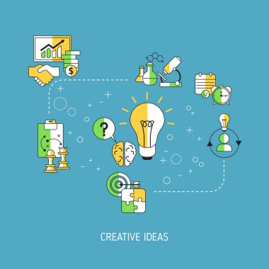 İş ve finans simgeleri ile yaratıcı fikir ve yenilik kavramı. Vektör çizimi.