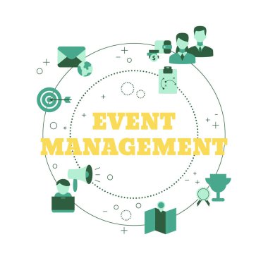 İş simgeleriyle etkinlik yönetimi kavramı. Vektör illüstrasyonu.