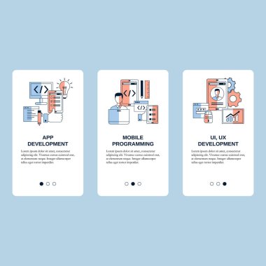 Mobil programlama, UI, UX geliştirme ve web sitesi, mobil web sitesi, iniş sayfası, ui için uygulama geliştirme kavramları. Vektör şablonu.