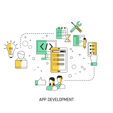 Uygulama geliştirme ve tasarım konsepti. Yaratıcı ürünler yapmak. Vektör çizimi.