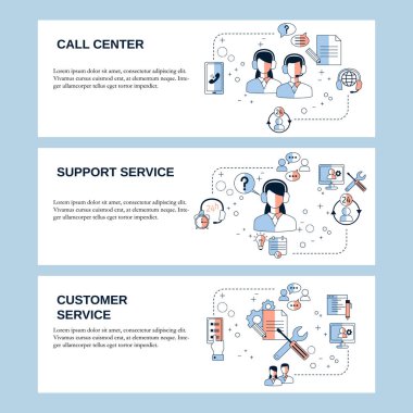 Müşteri hizmetleri, çağrı merkezi ve destek servisi konseptleri web sitesi, iniş sayfası, ui, web pankartları ve tanıtım materyalleri. Vektör şablonu.